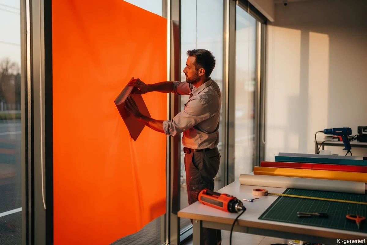 Werbetechniker verklebt eine orangefarbene Folie mit dem Rakel